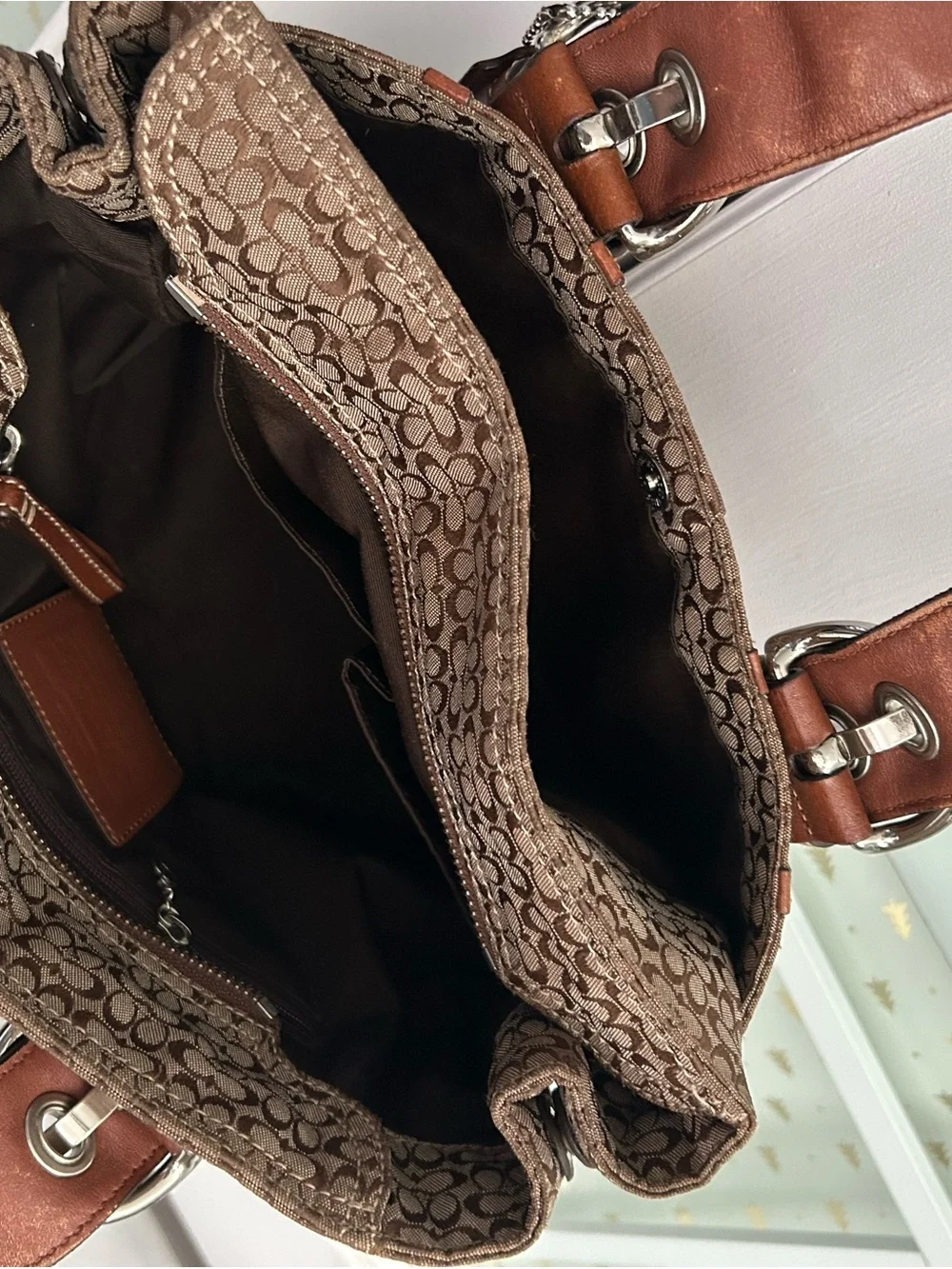 Coach Brown Signature Shoulder Bag with Leather Trim